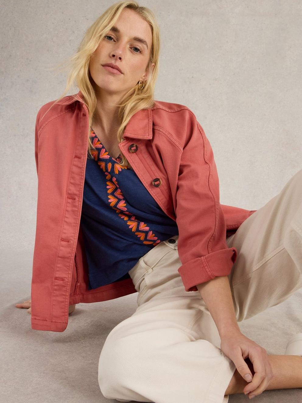 NEVA EMBROIDERED V NECK TOP in NAVY MULTI - LIFESTYLE