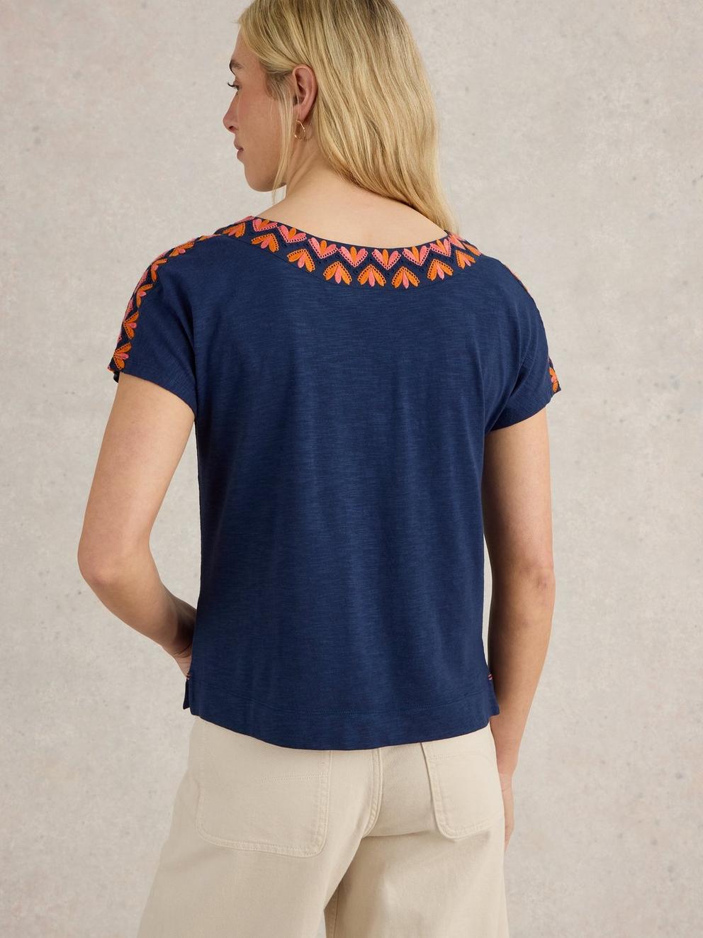 NEVA EMBROIDERED V NECK TOP in NAVY MULTI - MODEL BACK