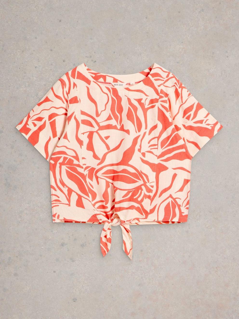 SARA CREW NECK TIE HEM TOP in CORAL PR - FLAT FRONT