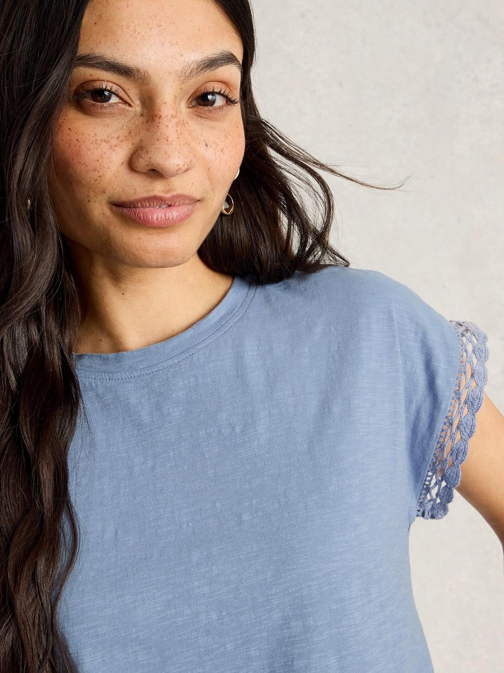 CLAUDIA TRIM TEE in MID BLUE - MODEL DETAIL