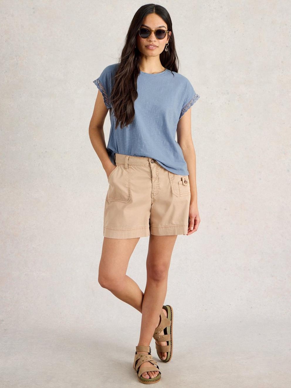 CLAUDIA TRIM TEE in MID BLUE - MODEL FRONT