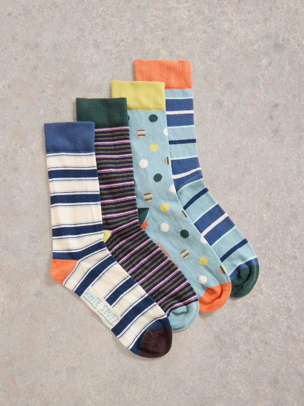 4PK Striped Ankle Socks in BLUE MLT - FLAT FRONT