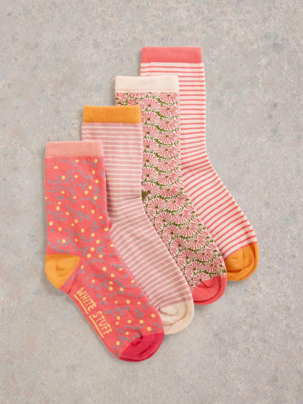 4PK Mixed Pattern Ankle Socks in PINK MLT - FLAT FRONT