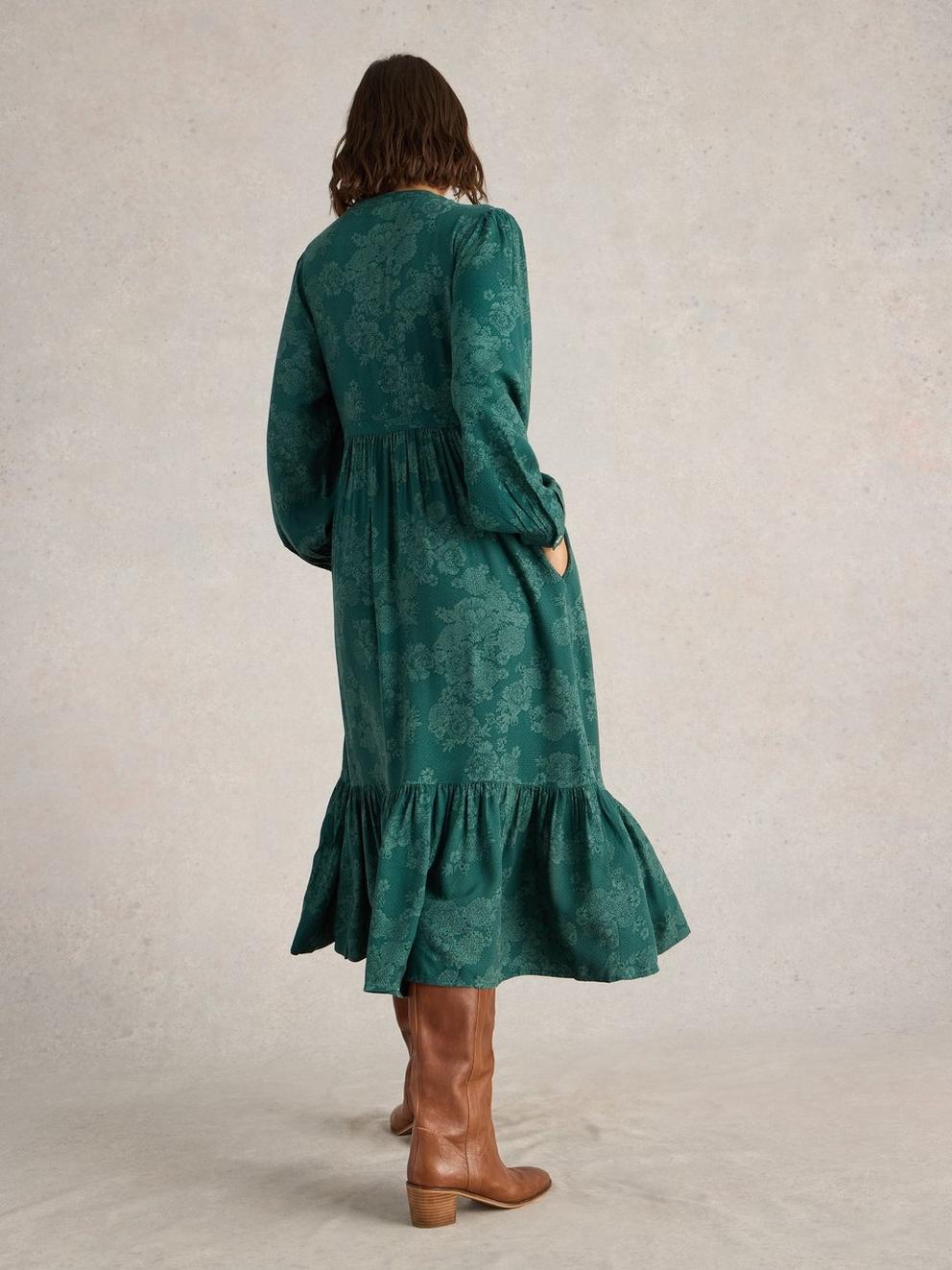 Phoebe Midi Dress in TEAL PR - MODEL BACK