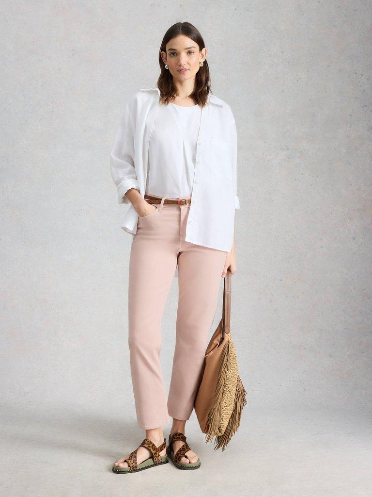 Blake Straight Jean Cropped in LGT PINK - MODEL FRONT