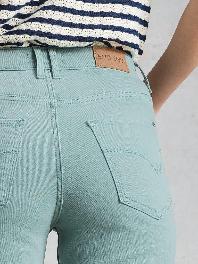 Blake Straight Jean Cropped in LGT TEAL - MODEL DETAIL