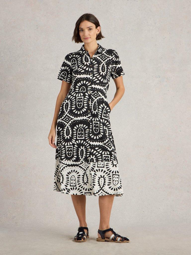 Rua Jersey Midi Shirt Dress in BLK PR - MODEL FRONT