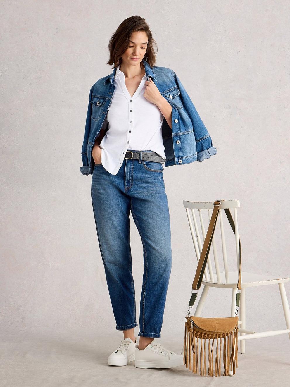 ANNIE SHORT SLEEVE JERSEY SHIRT in BRIL WHITE - MODEL FRONT