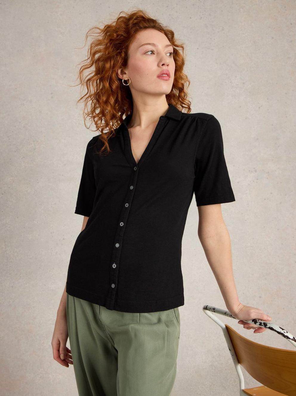 ANNIE SHORT SLEEVE JERSEY SHIRT in PURE BLK - LIFESTYLE