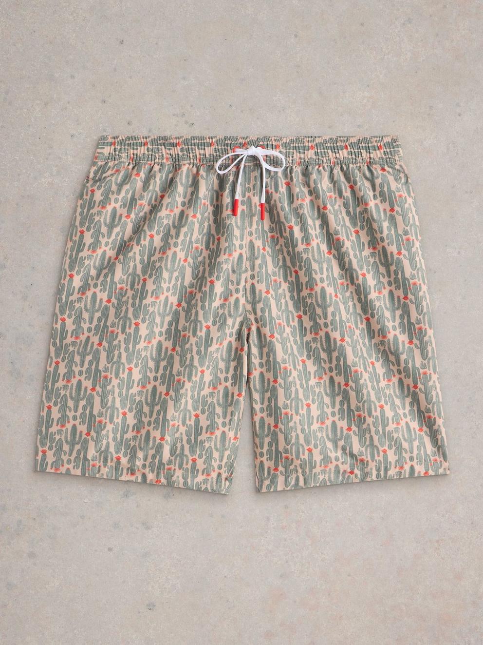 Cactus Print Volley Swimshort in NAT PR - FLAT FRONT