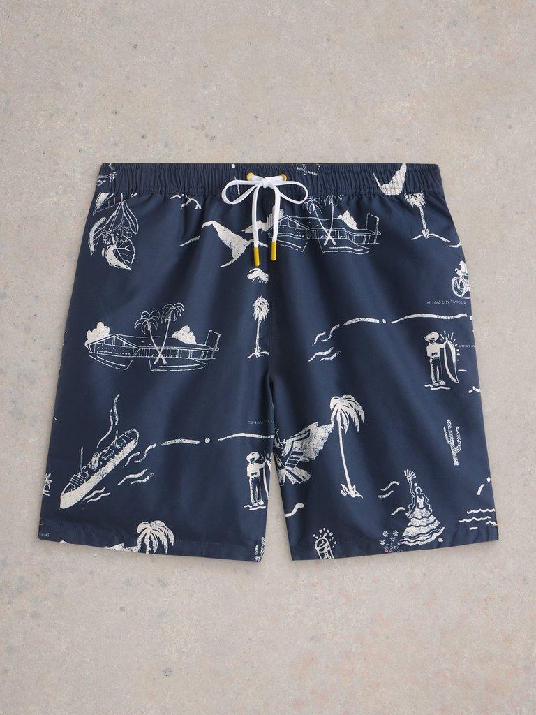 Map Print Volley Swimshort in NAVY MULTI - FLAT FRONT