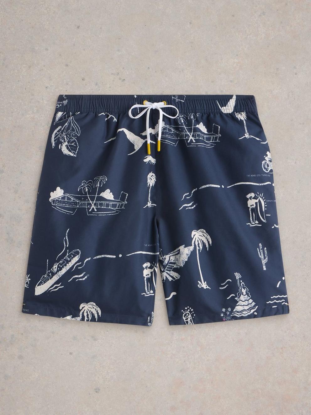 Map Print Volley Swimshort in NAVY MULTI - FLAT FRONT