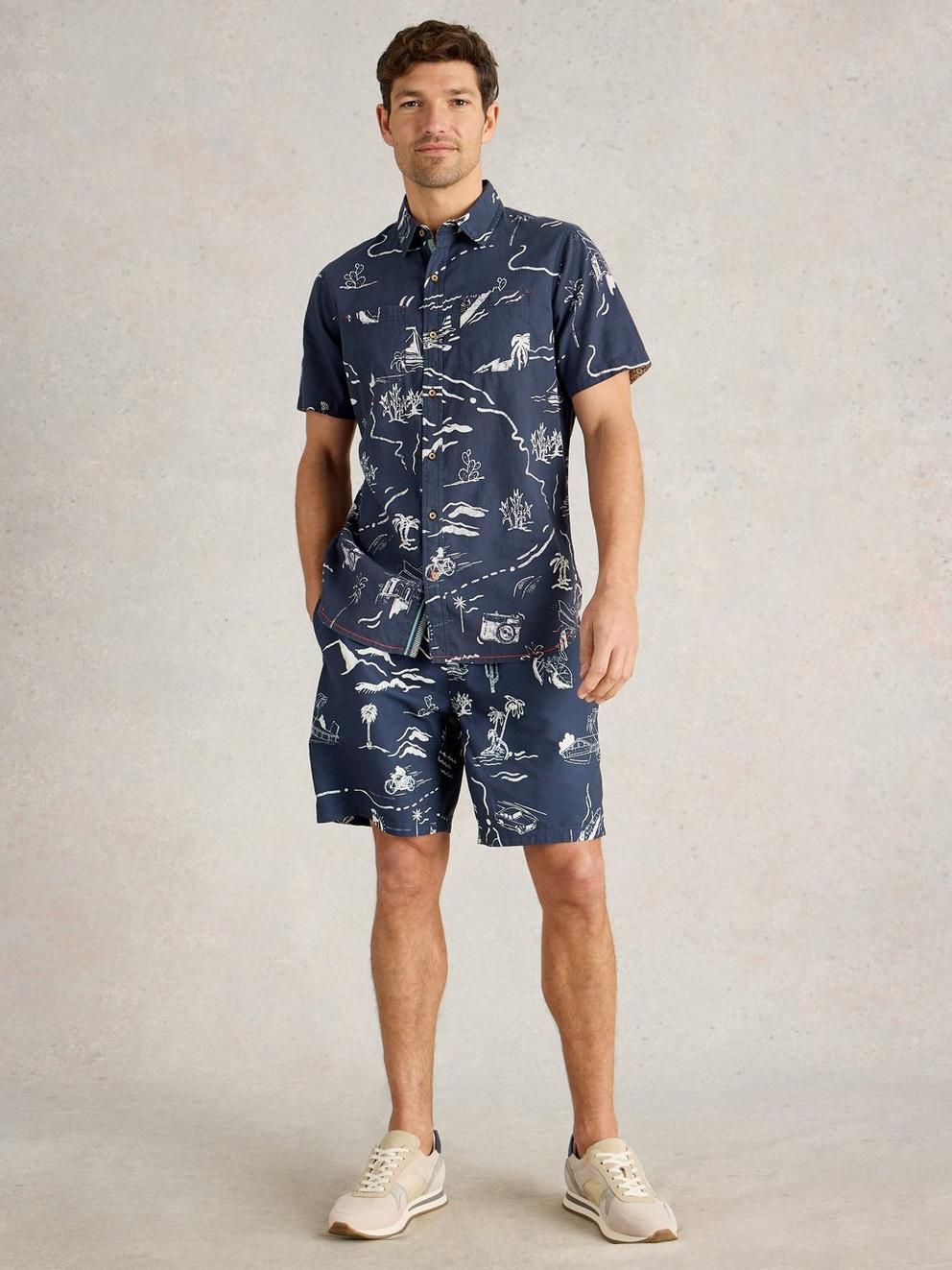 Map Print Volley Swimshort in NAVY MULTI - MODEL FRONT