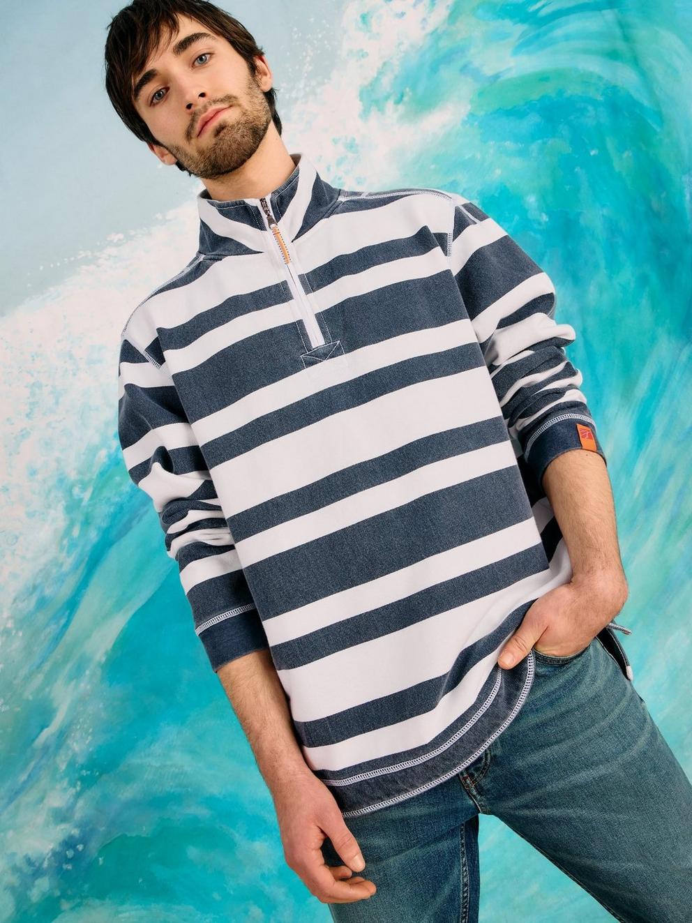 Rewind Stripe Half Zip Sweat in NAVY MULTI - LIFESTYLE