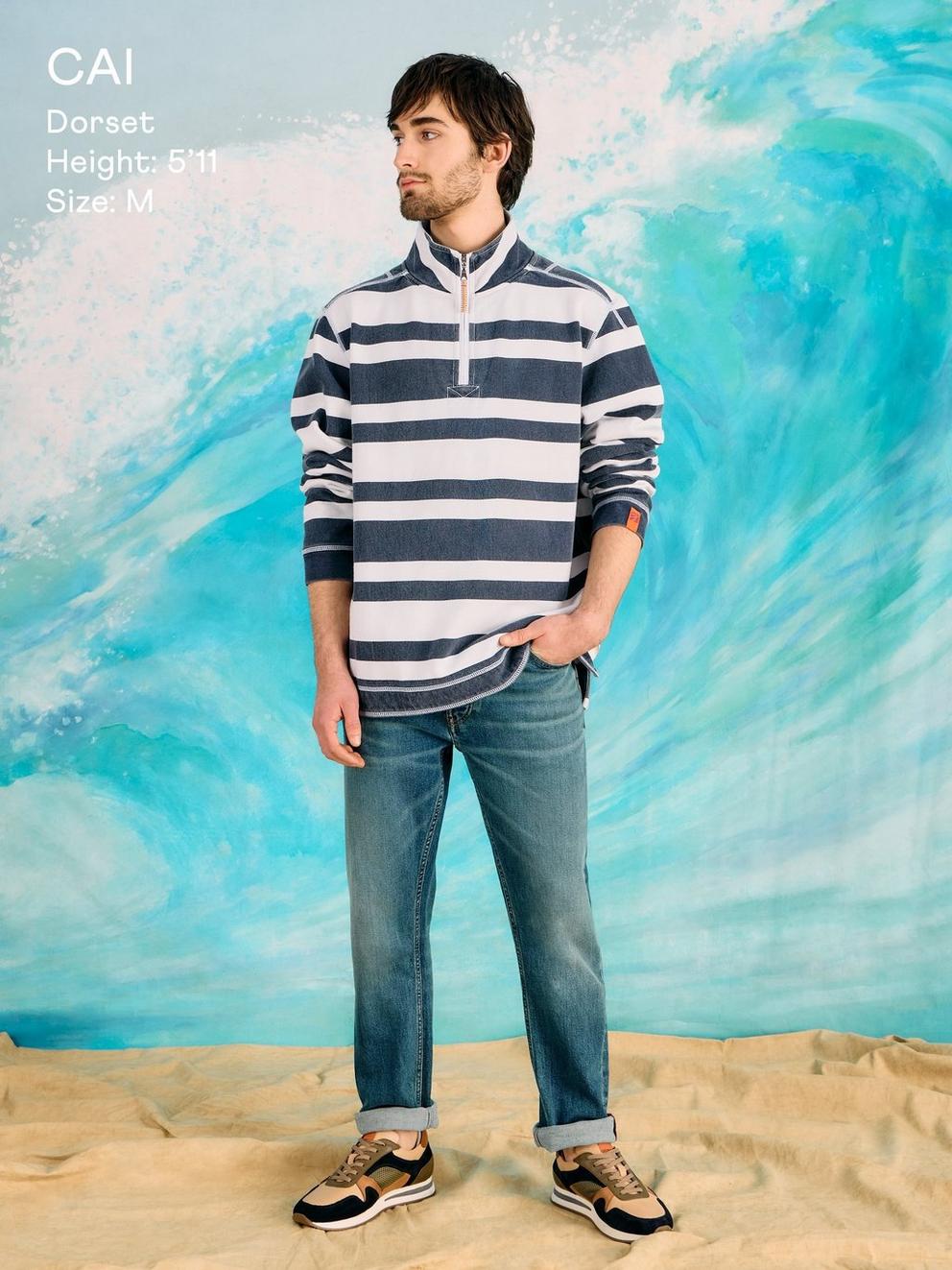 Rewind Stripe Half Zip Sweat in NAVY MULTI - MODEL DETAIL