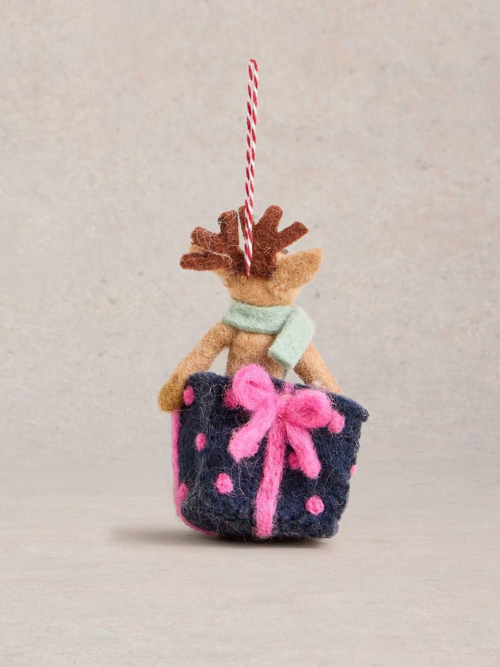 Present Reindeer Hanging Dec in BROWN MLT - FLAT DETAIL