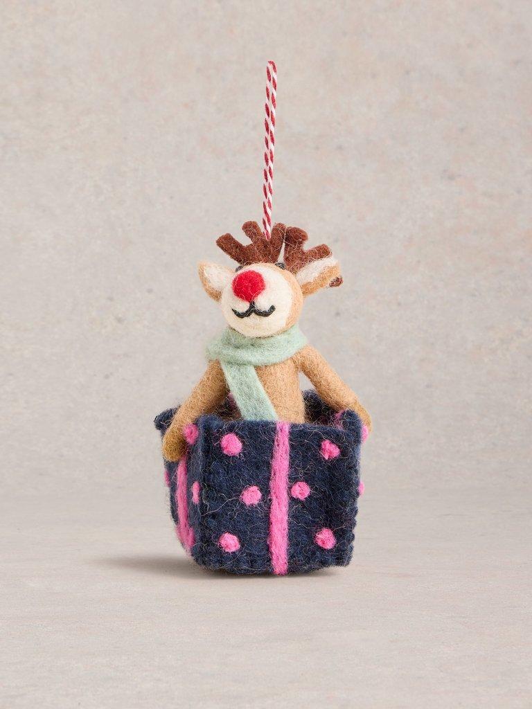 Present Reindeer Hanging Dec in BROWN MLT - FLAT FRONT