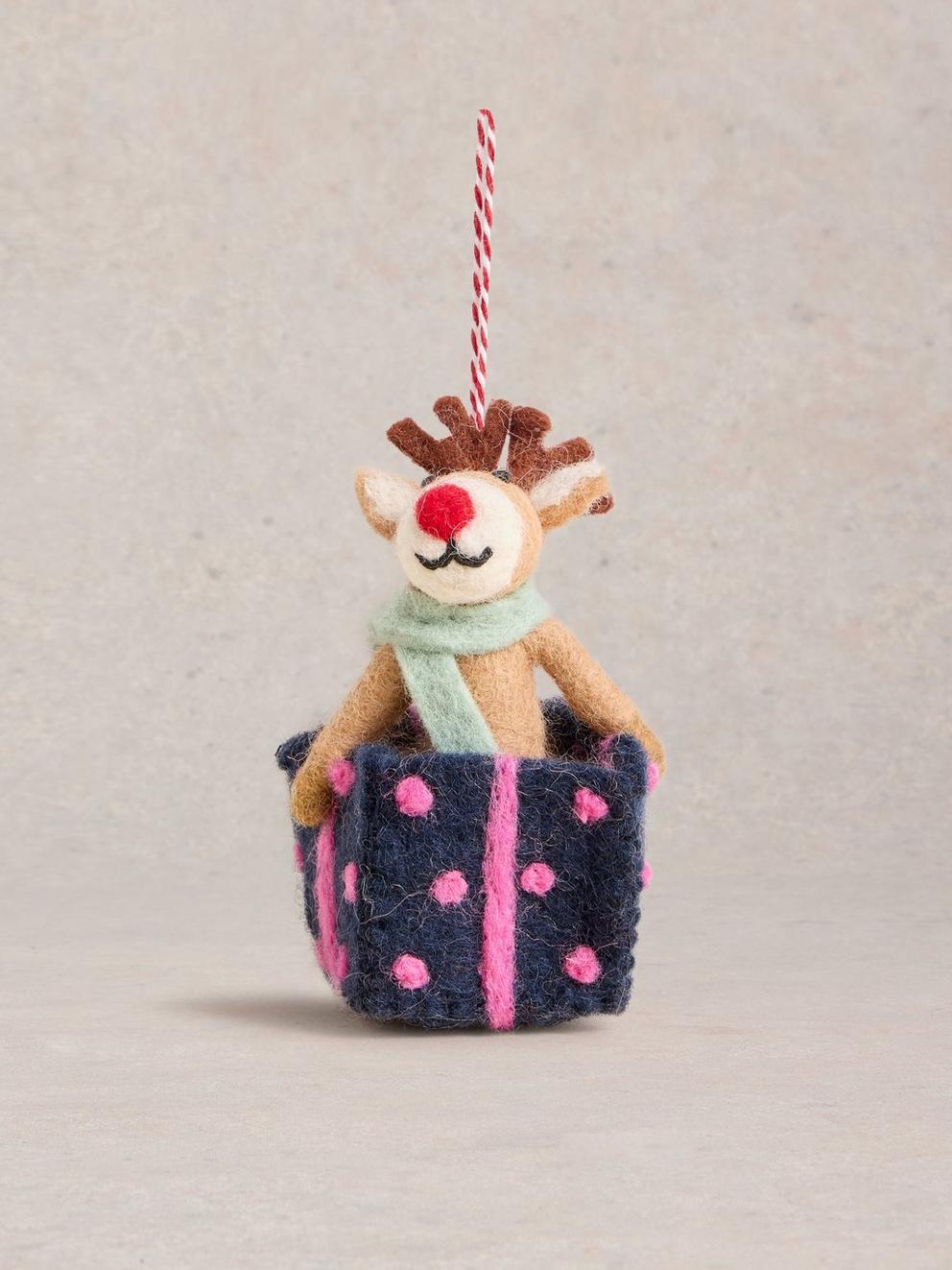Present Reindeer Hanging Dec in BROWN MLT - FLAT FRONT