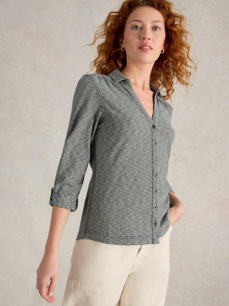 ANNIE STRIPE JERSEY SHIRT in NAVY MULTI - MODEL DETAIL