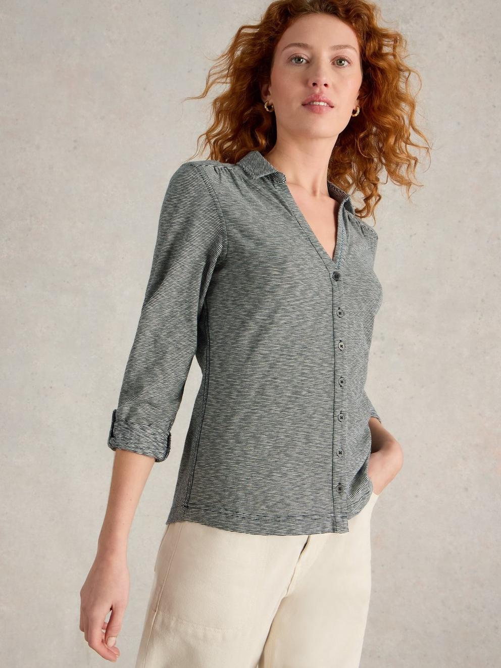 ANNIE STRIPE JERSEY SHIRT in NAVY MULTI - MODEL DETAIL