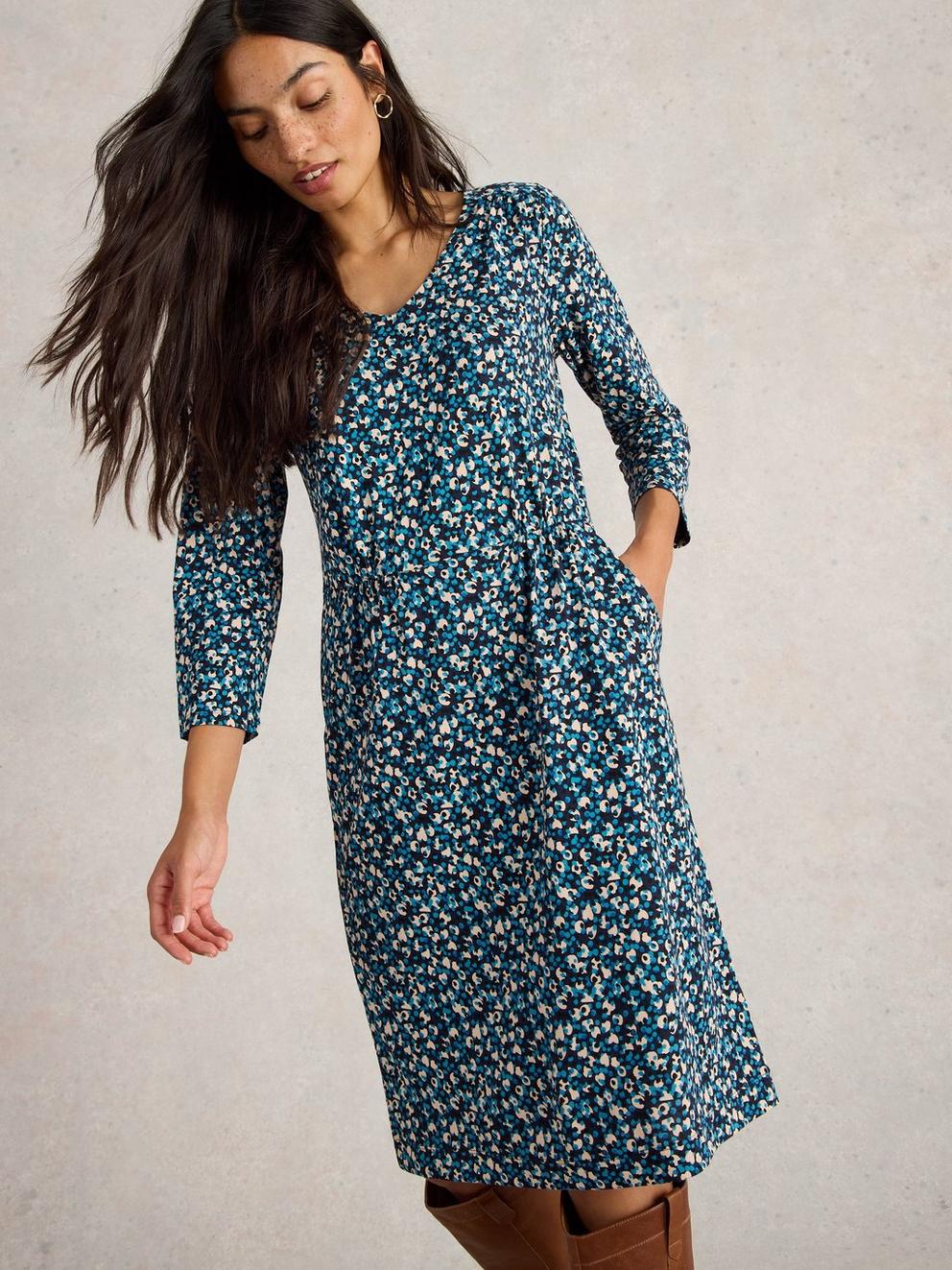 Tallie Jersey Crew Neck Dress in NAVY MULTI - MODEL DETAIL