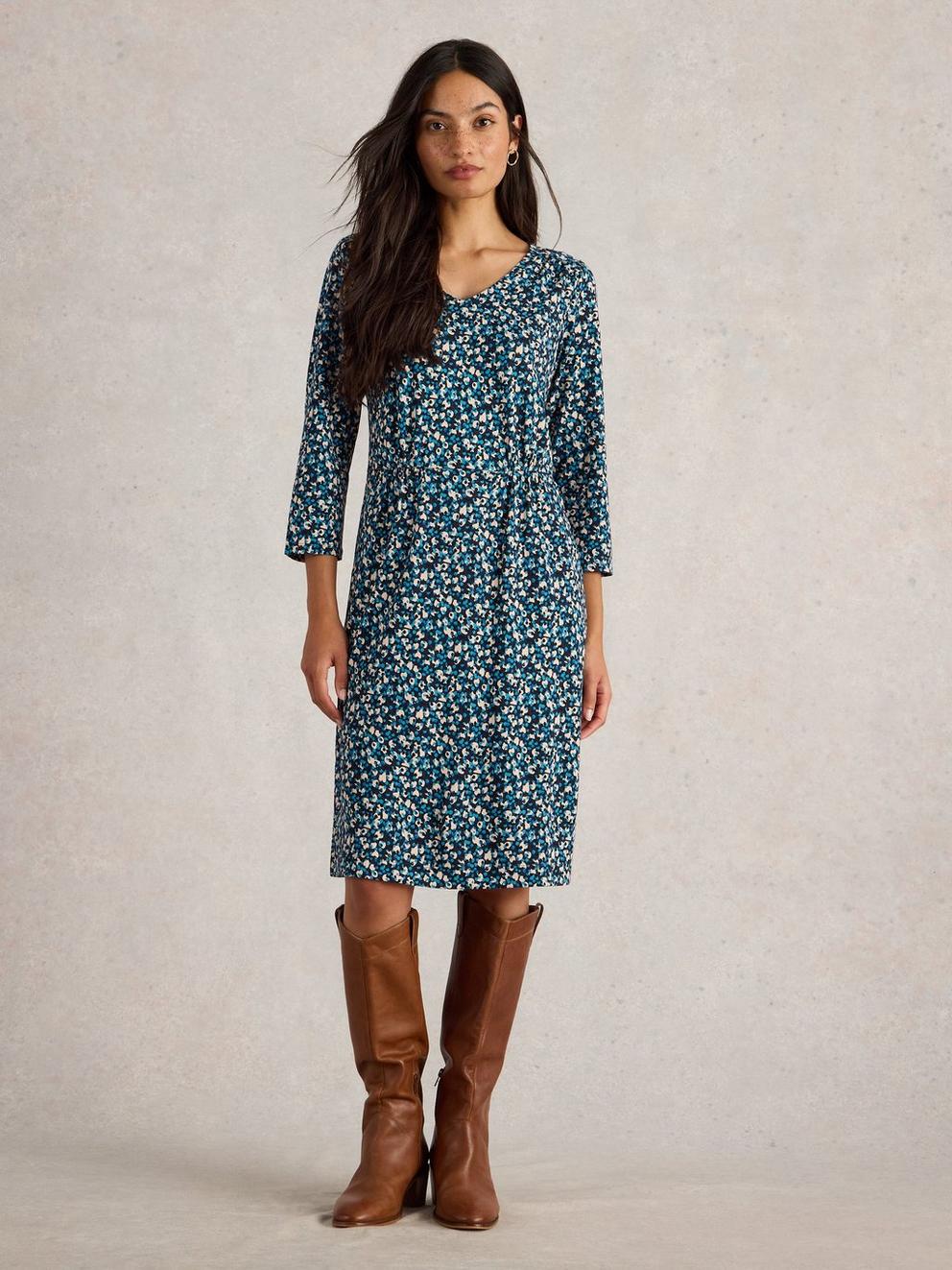 Tallie Jersey Crew Neck Dress in NAVY MULTI - MODEL FRONT