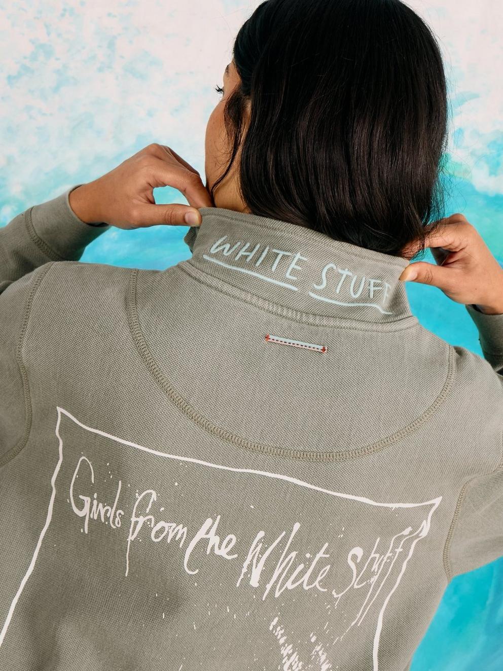 Rewind Half Zip Sweat Womens in KHAKI GRN - MODEL BACK
