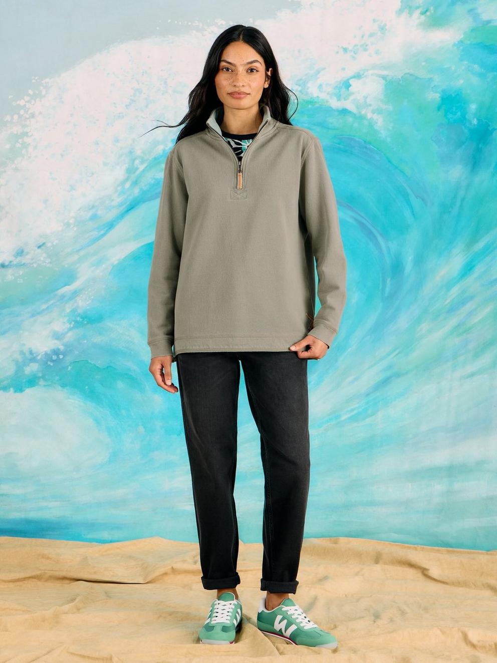 Rewind Half Zip Sweat Womens in KHAKI GRN - MODEL FRONT