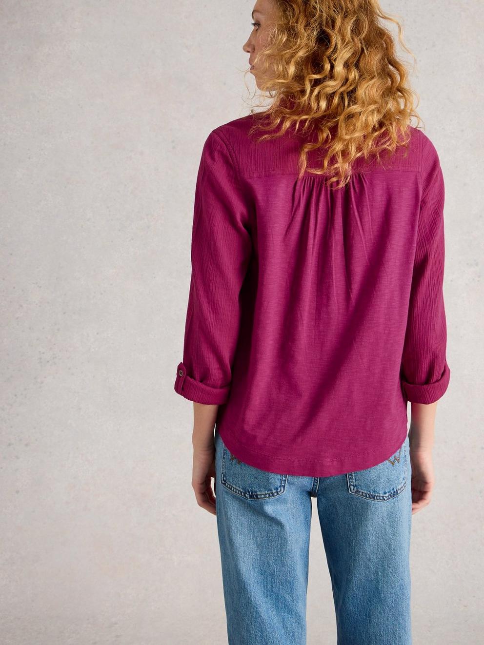 ANNIE DOUBLE CLOTH SHIRT in MID PLUM - MODEL BACK