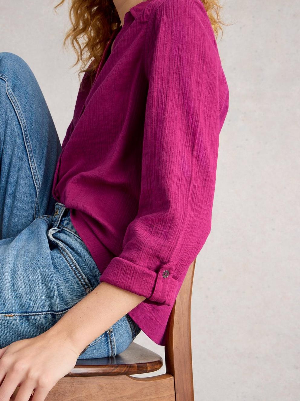 ANNIE DOUBLE CLOTH SHIRT in MID PLUM - MODEL DETAIL