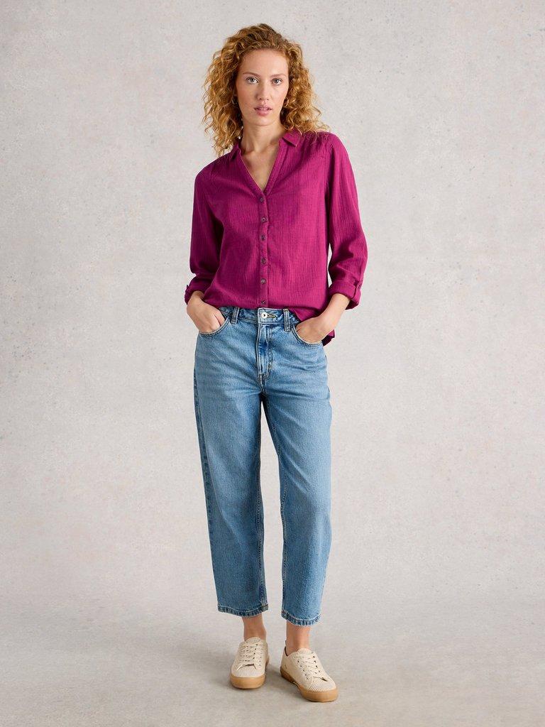 ANNIE DOUBLE CLOTH SHIRT in MID PLUM - MODEL FRONT