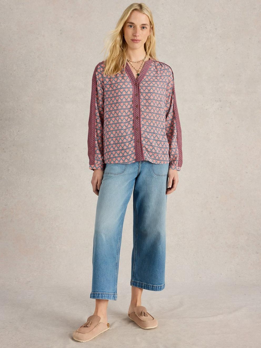Mabel Mixed Printed Top in NAVY MULTI - MODEL FRONT
