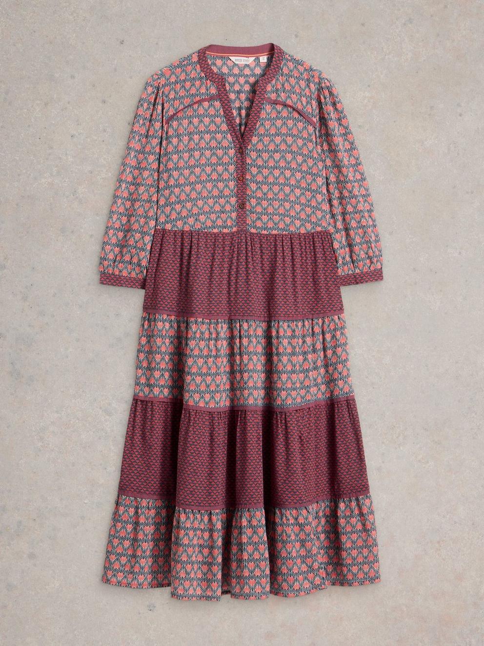 Mabel Mixed Midi Print Dress in NAVY MULTI - FLAT FRONT