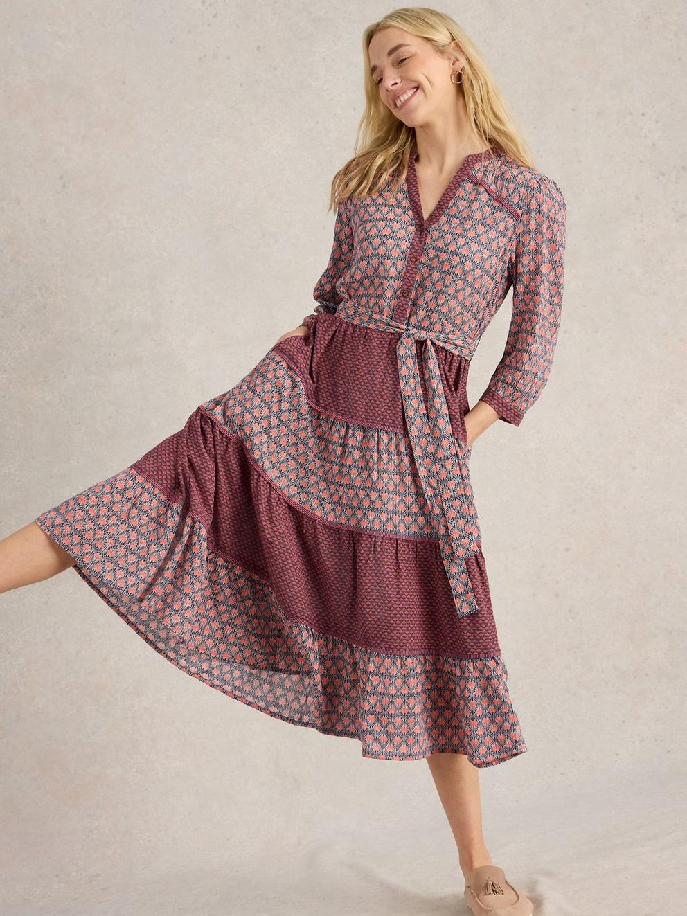 Mabel Mixed Midi Print Dress in NAVY MULTI - LIFESTYLE