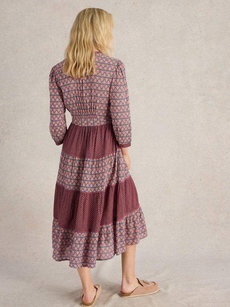 Mabel Mixed Midi Print Dress in NAVY MULTI - MODEL BACK