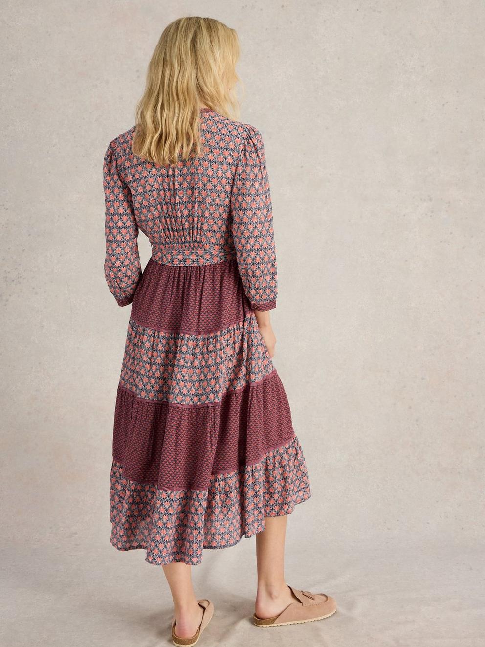 Mabel Mixed Midi Print Dress in NAVY MULTI - MODEL BACK