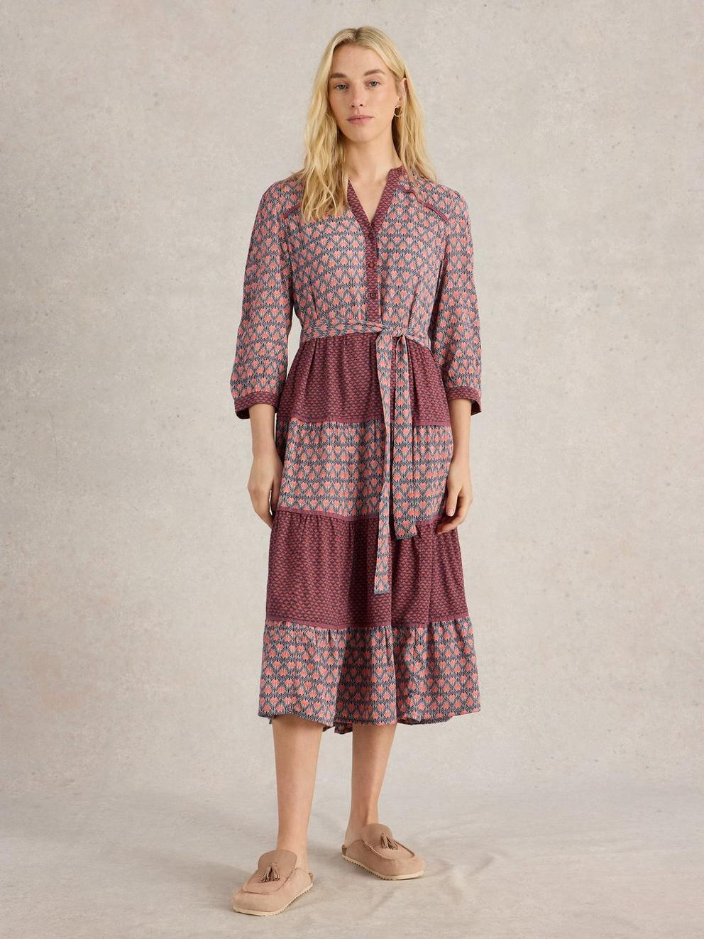 Mabel Mixed Midi Print Dress in NAVY MULTI - MODEL FRONT