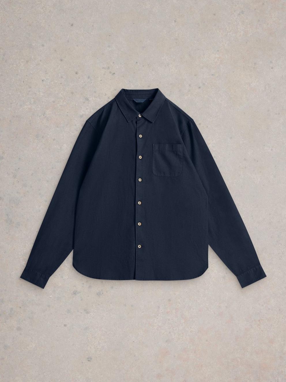 Ely Linen Cotton LS Shirt in DARK NAVY - FLAT FRONT