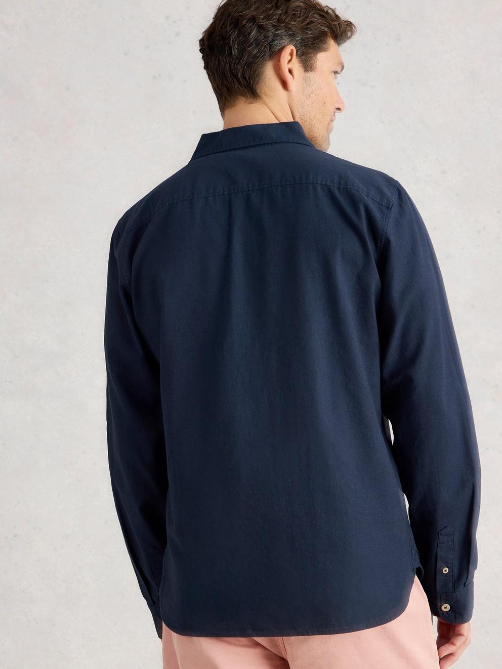 Ely Linen Cotton LS Shirt in DARK NAVY - MODEL BACK