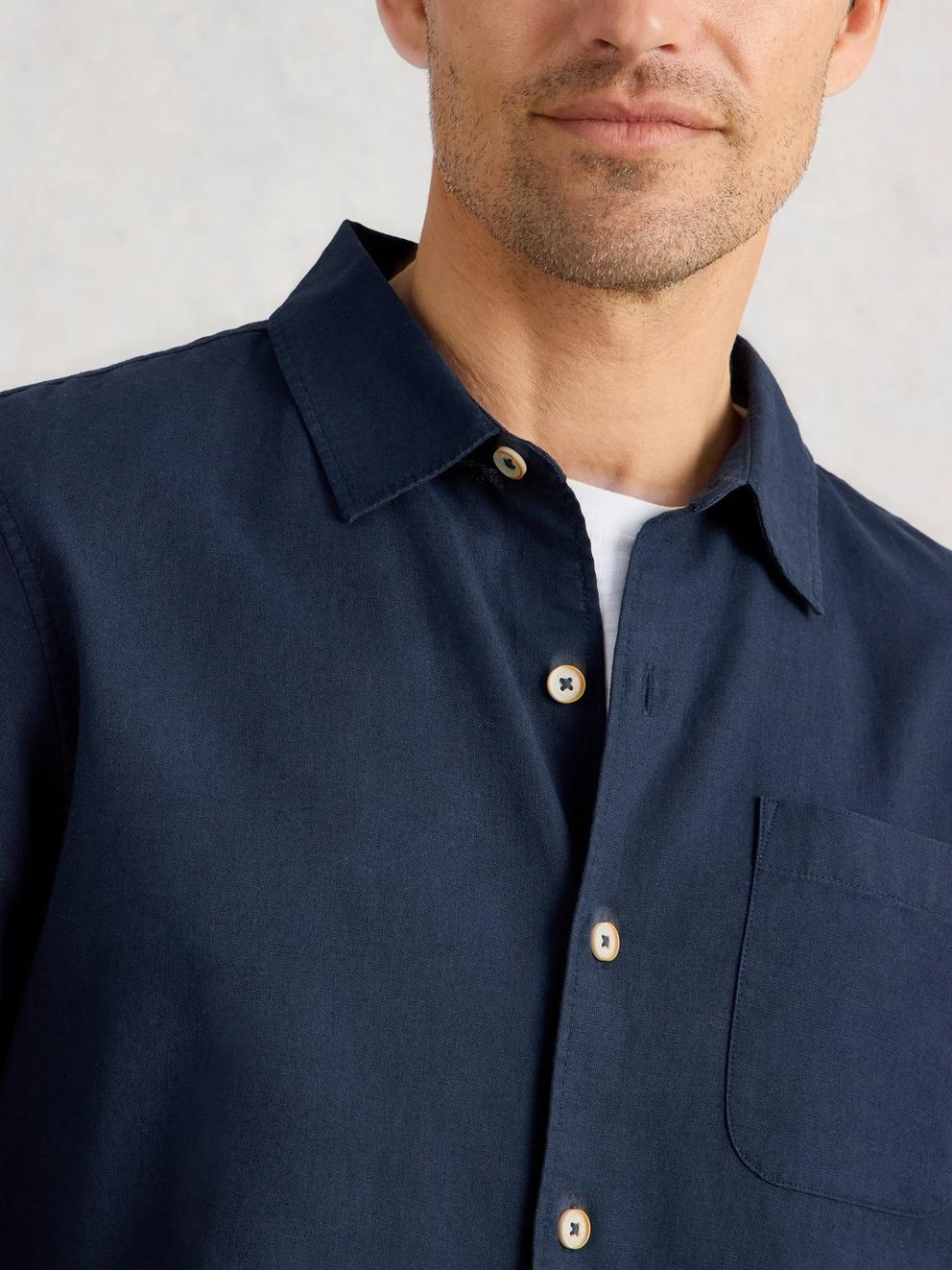 Ely Linen Cotton LS Shirt in DARK NAVY - MODEL DETAIL