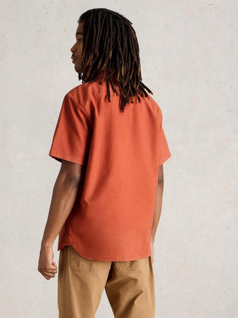 Ely Linen Cotton SS Shirt in DK ORANGE - MODEL BACK