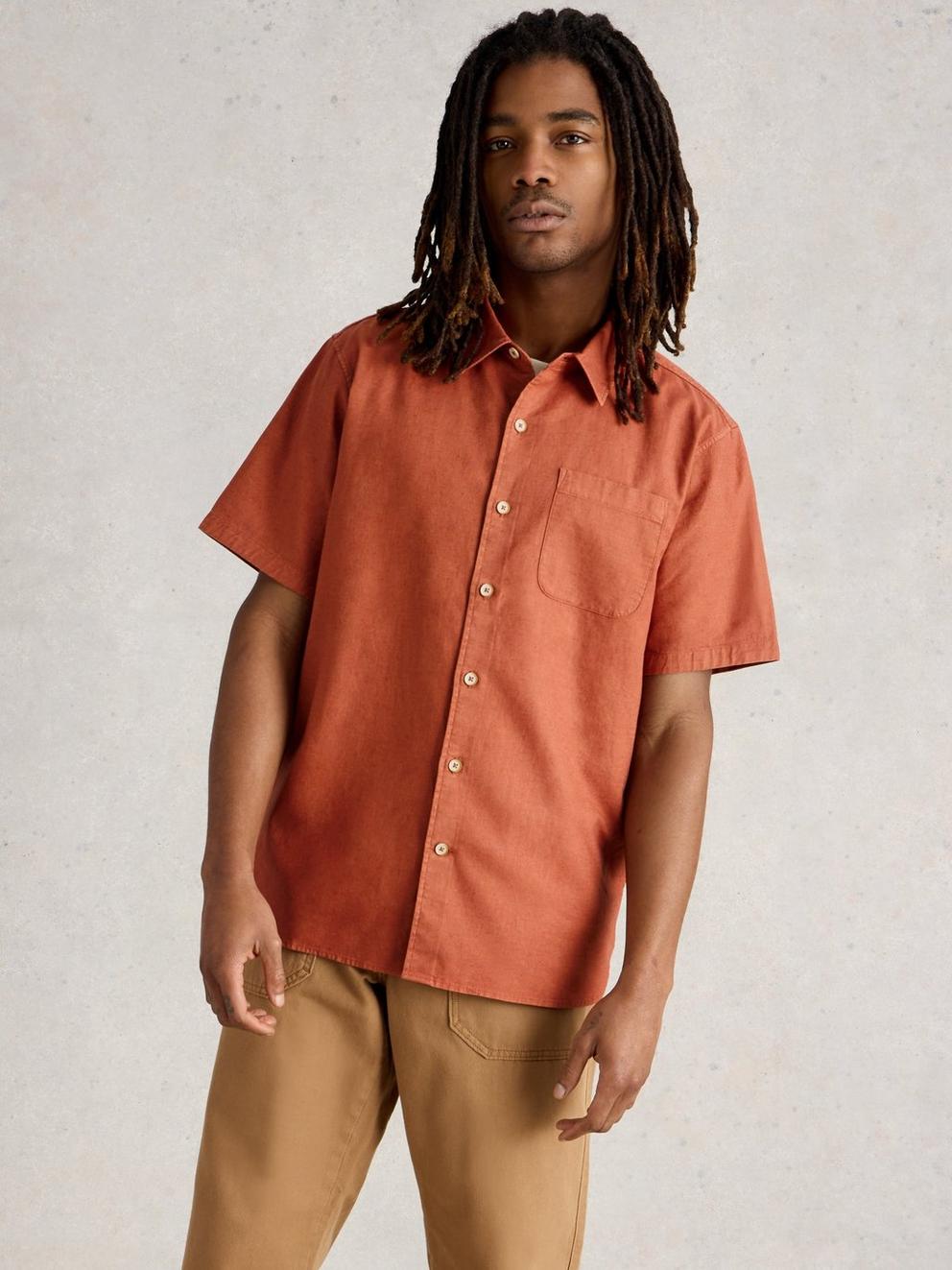 Ely Linen Cotton SS Shirt in DK ORANGE - MODEL DETAIL