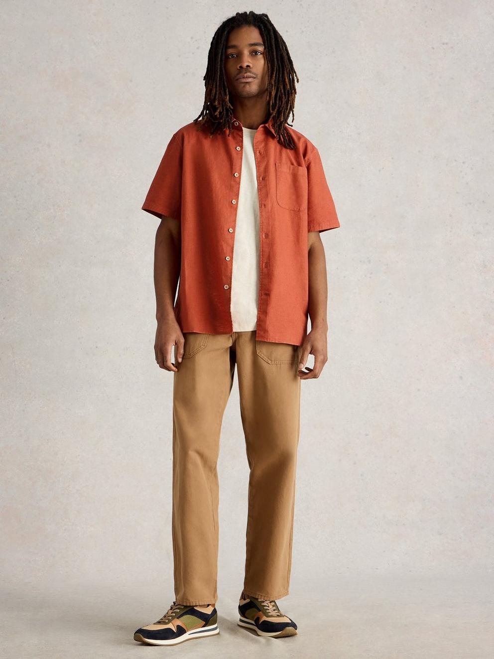 Ely Linen Cotton SS Shirt in DK ORANGE - MODEL FRONT