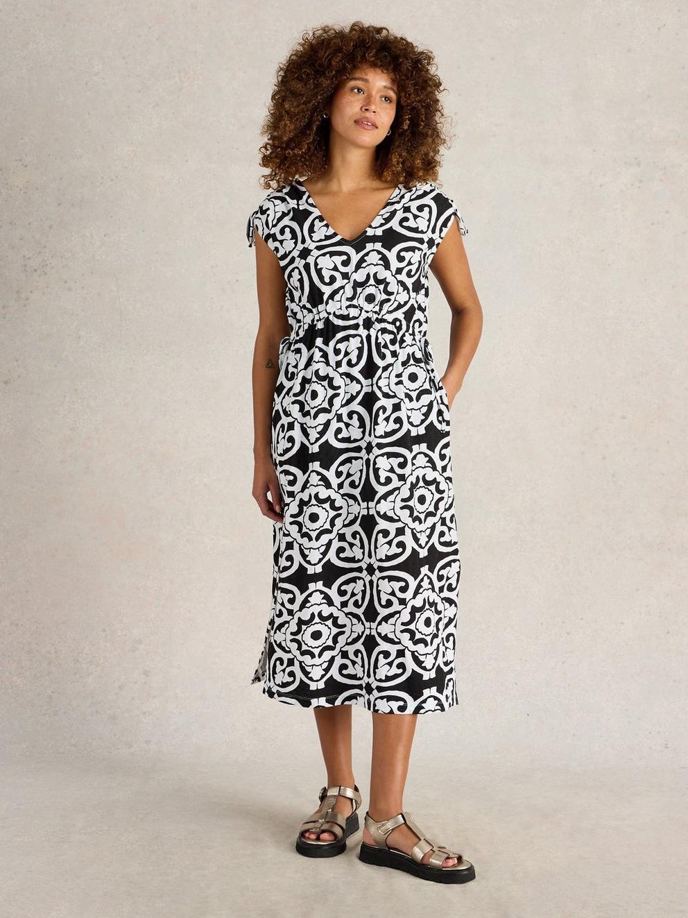 Freya Channel Beach Dress in BLK MLT - MODEL FRONT