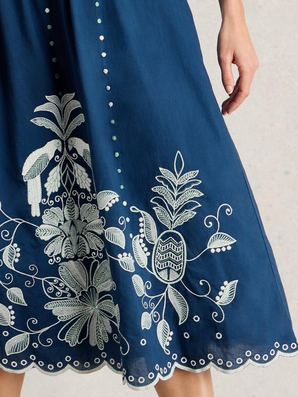 Calypso Embroidered Skirt in DK BLUE - MODEL DETAIL