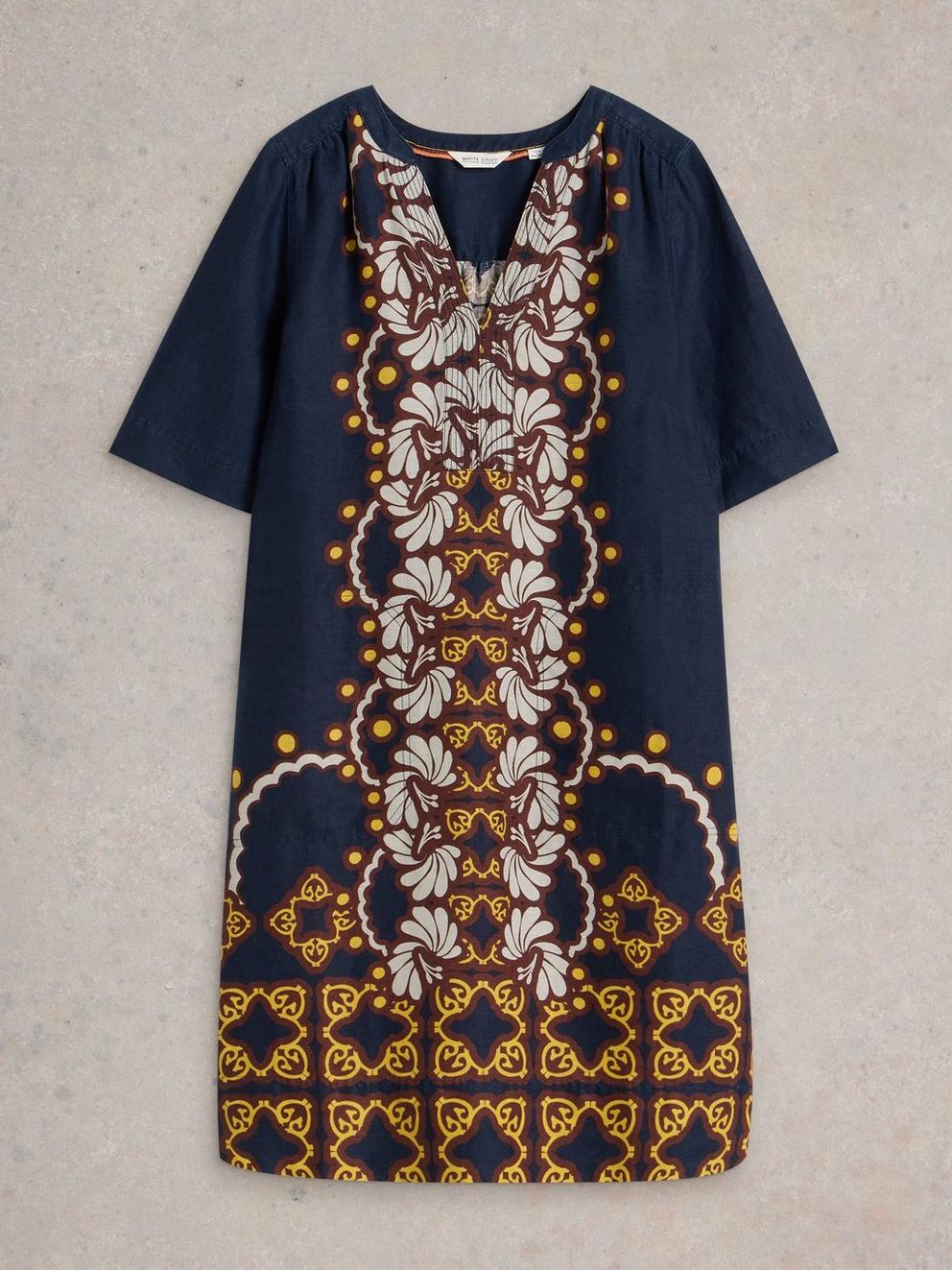 June Short Sleeve Linen Dress in NAVY MULTI - FLAT FRONT