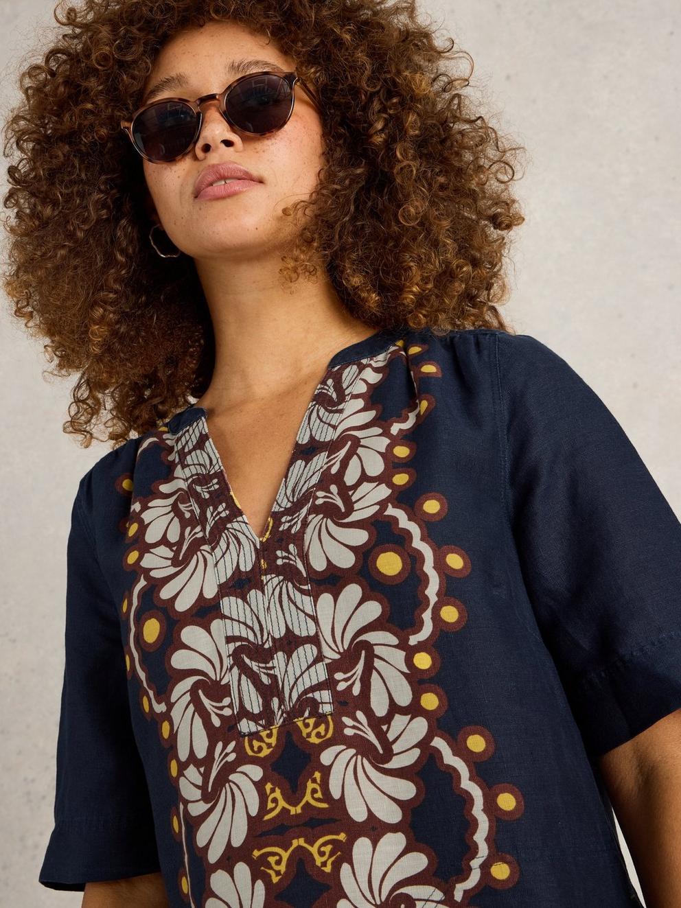 June Short Sleeve Linen Dress in NAVY MULTI - LIFESTYLE