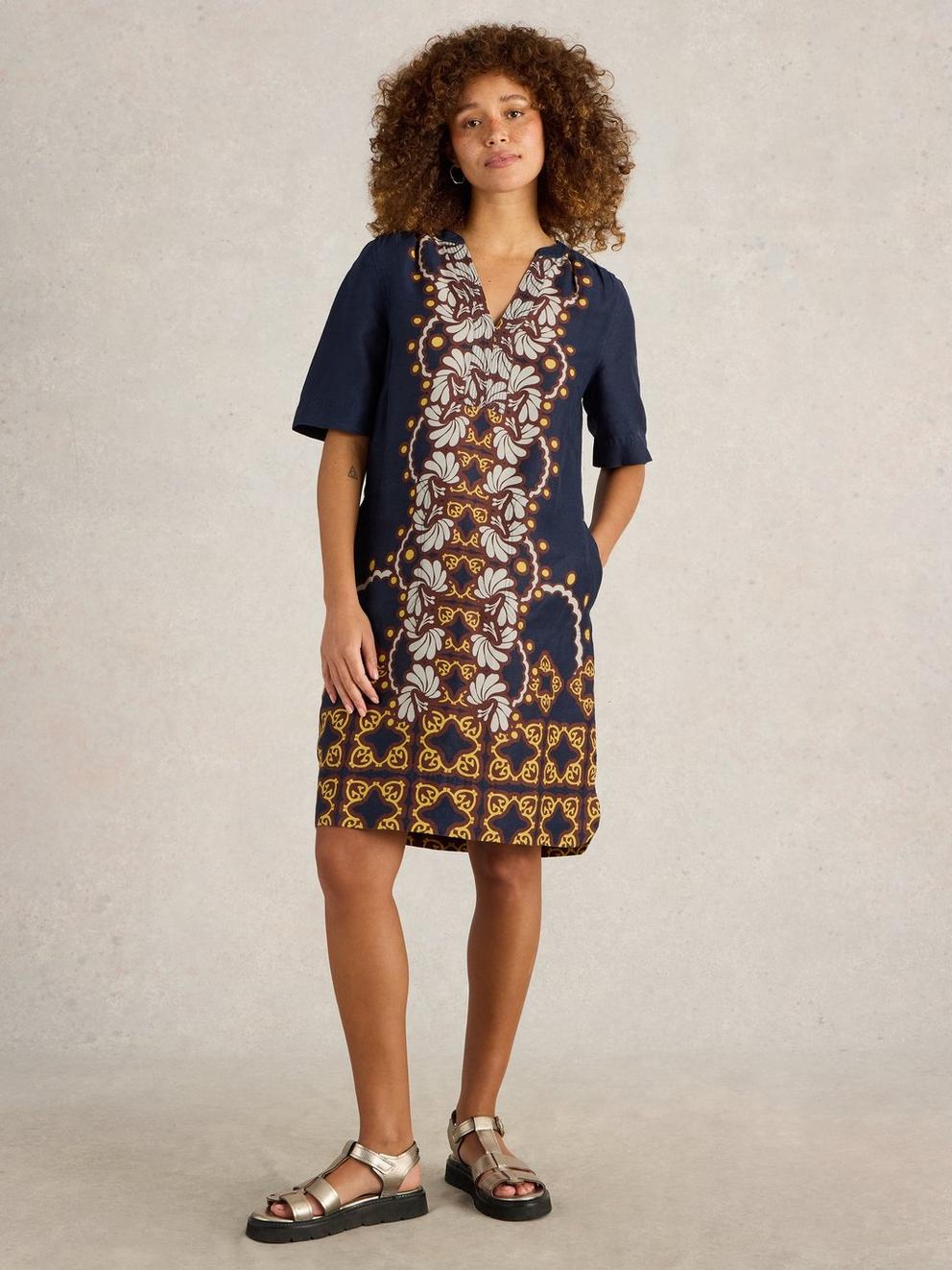 June Short Sleeve Linen Dress in NAVY MULTI - MODEL FRONT