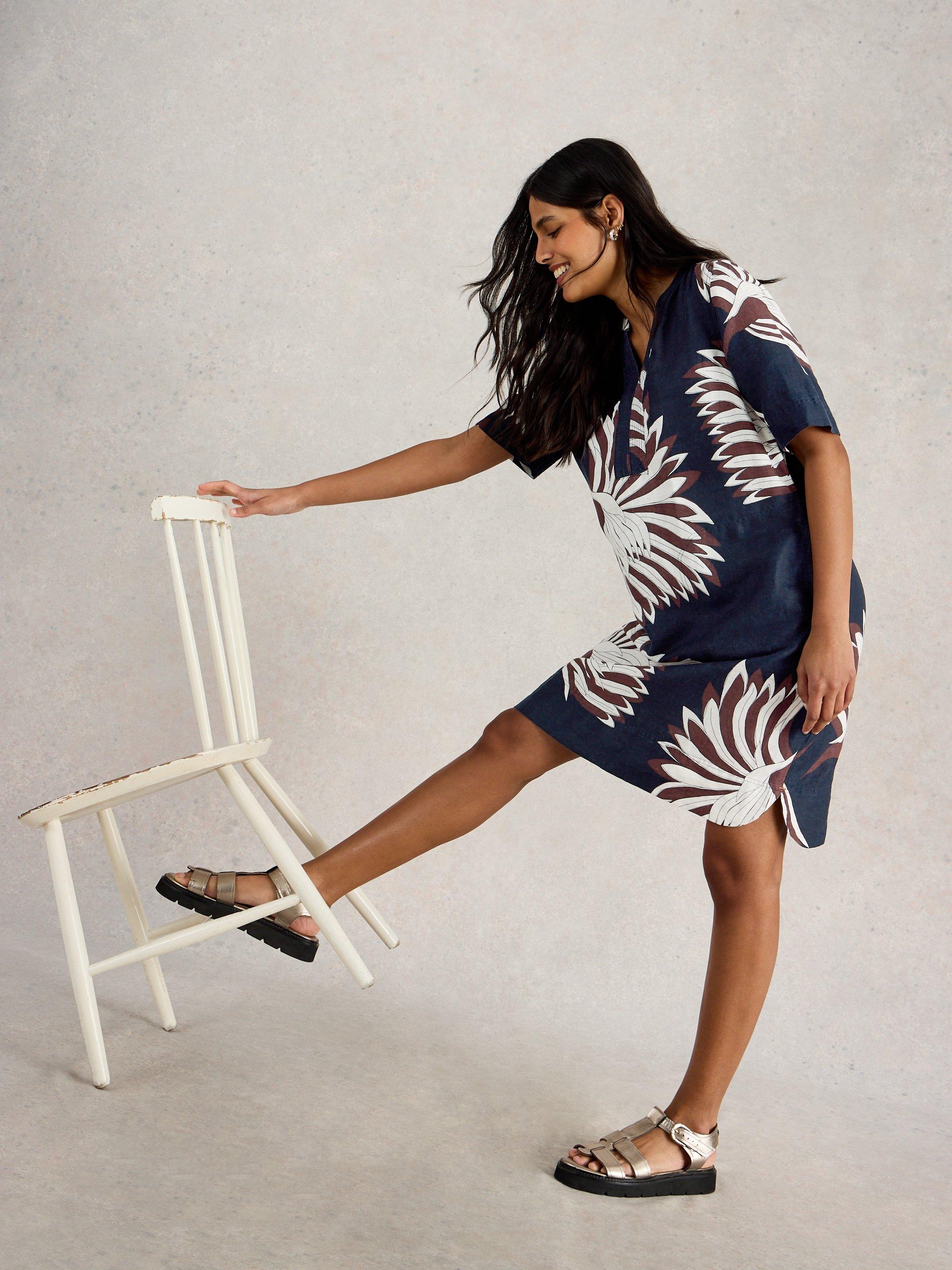 knee length dresses for ladies White Stuff June Linen Printed Notch Neck Dress in Natural Multi