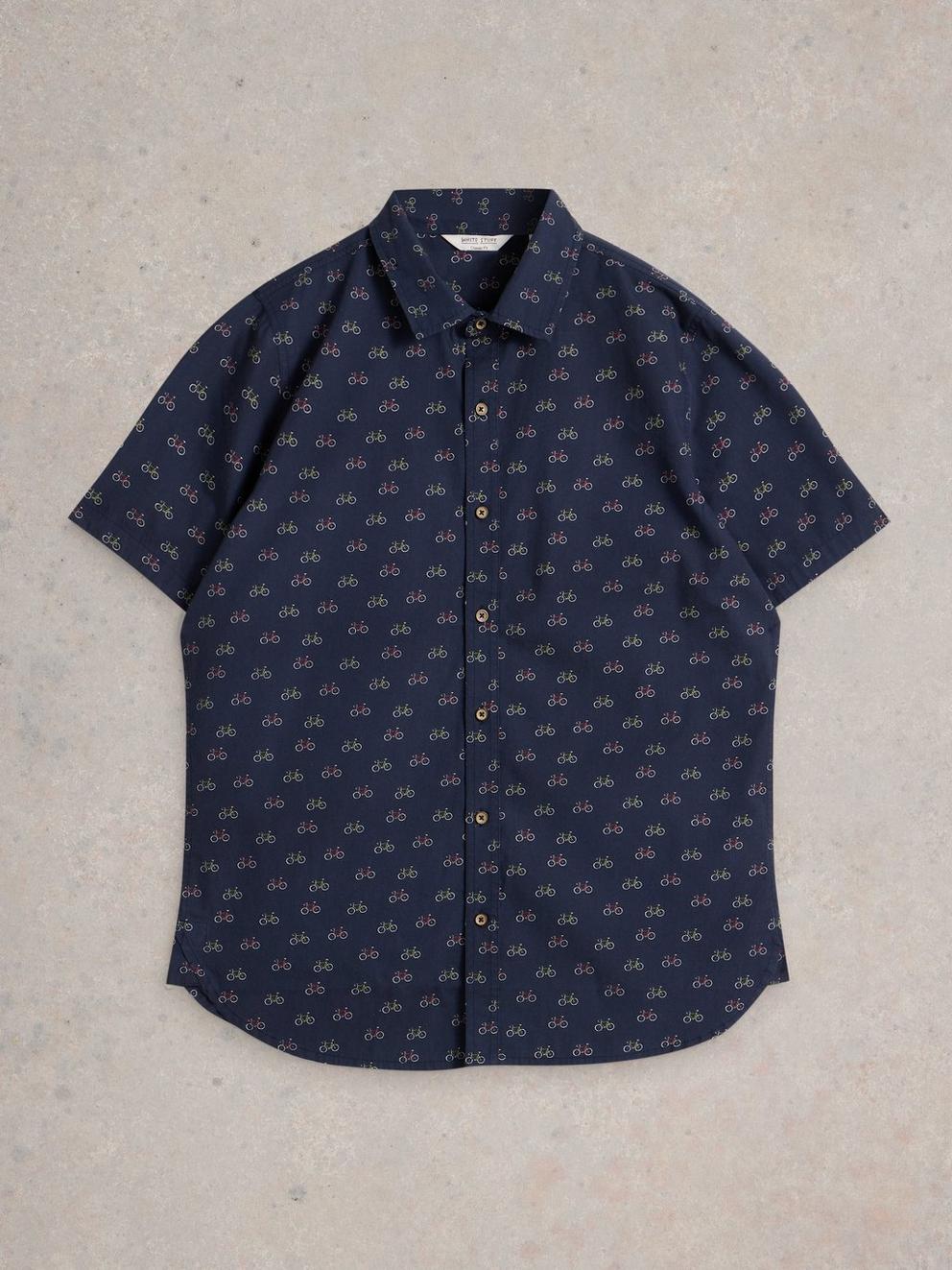 Finsbury Bike Printed Shirt in NAVY PR - FLAT FRONT